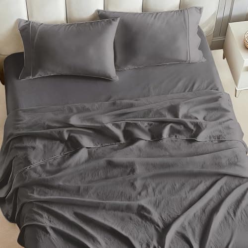 Tokokimo Queen Sheet Set 4 Piece, Super Soft Washed Cotton-Linen Feel Microfiber, 16" Deep Pocket Fitted Sheet, 1 Flat Sheet, 2 Pillowcases, Breathable Bed Sheets, Grey - Thumbnail 3