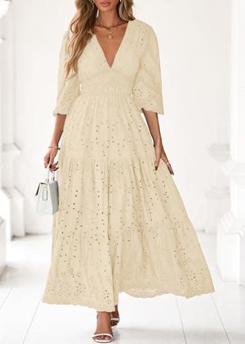 Lazysmile Long Sleeve Dresses for Women V Neck Hollow Out Eyelet Ruffle Swing A-Line Fall Vacation Boho Maxi Dress Apricot - Thumbnail 4