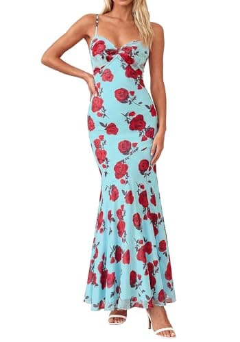 BTFBM Summer Dresses for Women 2026 Spaghetti Straps Sundress Twist Knot Mesh Mermaid Wedding Guest Dress Beach Vacation(Floral Blue Rose, XX-Large) - Image 1