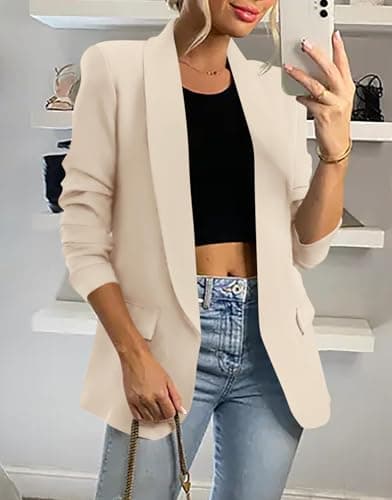 KIRUNDO Womens Blazer 2026 Spring Fall Bussiness Casual Long Sleeve Open Front Work Office Dressy Suit Jackets with Pockets(Beige, Large) - Thumbnail 3