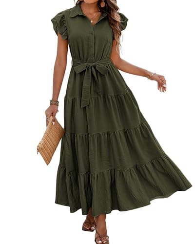 dowerme Women's Summer Casual Dresses 2026 Cap Ruffle Sleeve V Neck Button Belted Tiered Boho Maxi Dress with Pockets(Army Green,XX-Large) - Image 1