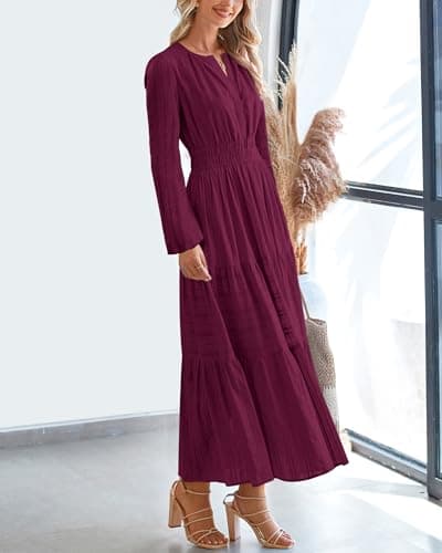 BTFBM Spring Dresses for Women 2026 Casual Long Sleeve V Neck Elastic Waist Lightweight Maxi Wedding Guest Dress Pockets(Burgundy, XX-Large) - Thumbnail 6