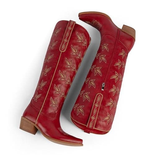 QIY Red Cowboy Boots for Women Embroidered Pointed Toe Cow Girl Classic Block Heel Nashville Knee High Western Cowgirl Boots Size 7 - Thumbnail 5