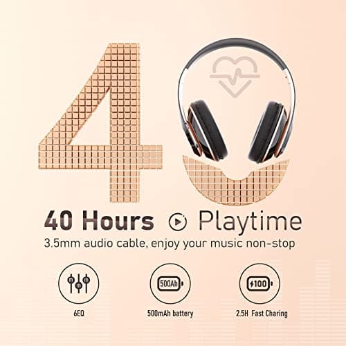 Falebare Bluetooth Headphones Over Ear, 6S Wireless Headphones Wired with 6 EQ Modes, 40 Hours Playtime Foldable HiFi Stereo Headset with Microphone, FM/TF for Cellphone/PC/Work (Black & Gold) - Thumbnail 6