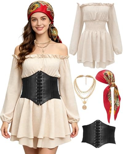 minkasic Women Pirate Costume Dress with Corset Accessories Long Sleeve Romper Short Off Shoulder Dress Apricot M - Image 1