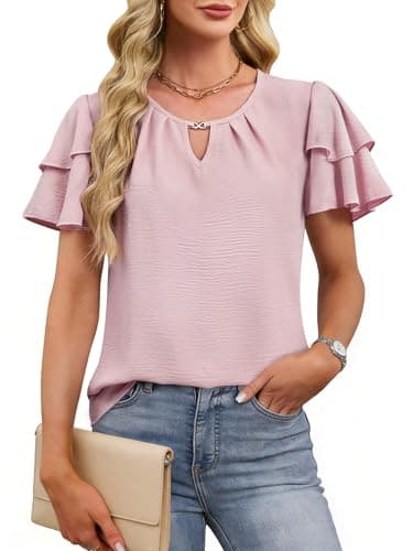 Chulianyouhuo Women Dressy Casual Textured Tops Ruffle Short Sleeve T Shirts Cute V Neck Pleated Summer Business Work Blouse Pink - Image 1
