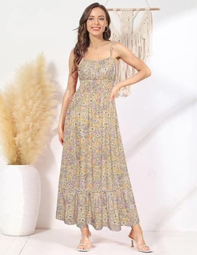 GRACE KARIN Summer Dresses for Women 2026 Vacation,Smocked Floral Maxi Dresses,Boho Beach Long Sundress PurpleGreenFloral XXL - Thumbnail 3