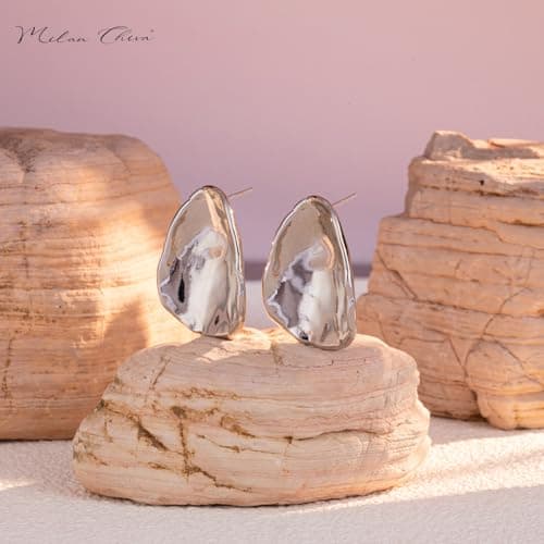 Milan Chiva 14K Chunky Sliver Earrings for Women Trendy Silver Stud Statement Jewelry MCE-1021SL - Thumbnail 2
