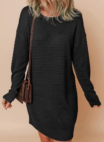 Dokotoo Women Lightweight Mini Sweater Dresses Batwing Long Sleeve Crewneck Textured Pullover Jumper 2025 Solid Short Sweater Dresses Fall Dress for Wedding Guest Large Black - Thumbnail 4