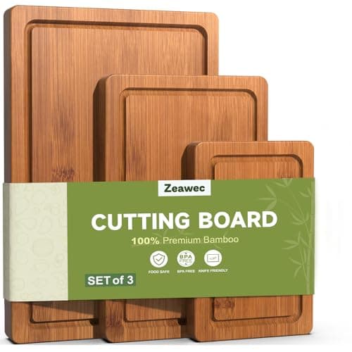 Zeawec 3-Piece Set Bamboo Cutting Board for Kitchen - Crack-Resistant Wood Chopping Boards with Deep Juice Grooves, Pre-Oiled Butcher Block for Meat, Vegetables & Cheese, Carbonized