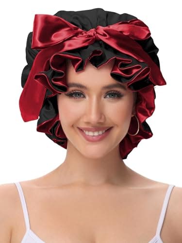 Vettres Hair Bonnet for Sleeping, Satin Silk Shower Cap Women 2026 with Tie Band and Adjustable Straps Head Wrap for Curly Hair Black F - Thumbnail 2