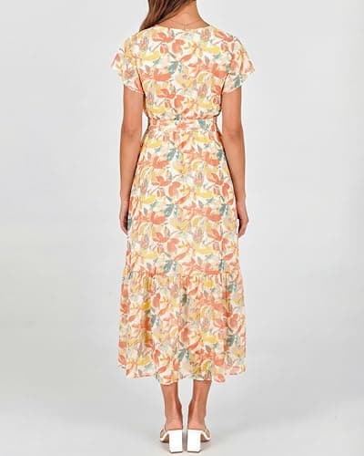 BTFBM Women Summer Bohemian Floral Casual Wrap V Neck Ruffle Cap Sleeveless Belt A-Line Pleated Hem Swing Midi Sun Dress(White Big Flower,Large) - Thumbnail 5