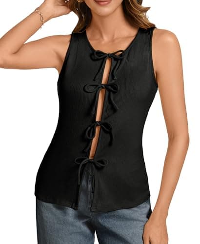 ADORPOP Ribbed Tank Tops for Womens - Y2k Sleeveless Bow Tie Front Shirts Cute Summer Going Out Crop Top Black Large