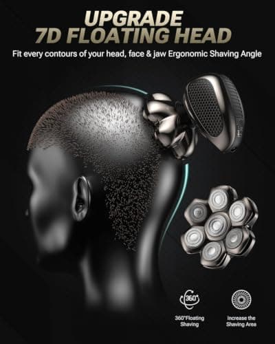 Feysfew Head Shaver for Bald Men, 7D Floating Electric Razor, Close Smooth Shave for Head, Flexible Heads, Replaceable Blade, IPX7 Waterproof Wet Dry Use, LED Display, USB Charging - Thumbnail 4