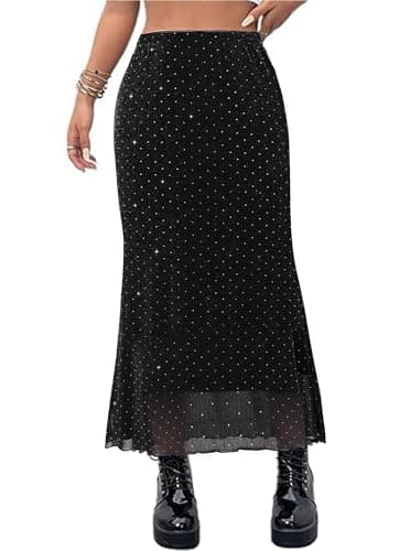 Avanova Women Boho Floral Mesh Long Skirts Elastic High Waisted Mermaid Hem 90s Grunge Maxi Skirt Black Glitter X-Small - Image 1