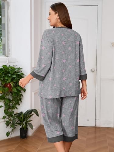 AusLook Women’s Plus Size Pajama Sets Printed 3/4 Sleeve Nightwear Top and Capri Pants 2 Piece Lounge Set with Pockets - Thumbnail 6