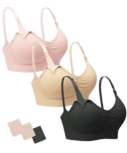 Stelle Nursing Bras Maternity Bra for Breastfeeding Pregnancy Wireless Bralette with Pads, Extenders (Black+Beige+Rose Pink,L)