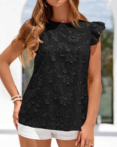 KIRUNDO Blouses for Women Dressy Casual Lace Ruffle Cap Sleeve Tops 2026 Summer Eyelet Floral Embroidered Cute Boho Shirts(Black, Medium) - Thumbnail 6