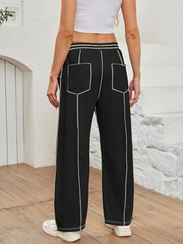 Dokuritu Barrel Sweatpants Women Casual Elastic Waist Wide Leg Sweatpants Drawstring Lounge Baggy Pants with Pockets Black - Thumbnail 5