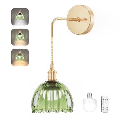 Kavedod Battery Operated Wall Sconce CCT Dimmable Wireless Sconcesm Vintage Light Fixture with Green Tulip Glass Lampshade Wall Decor Set for Living Room Bedroom Bedside Bathroom 1PC Green - Image 1