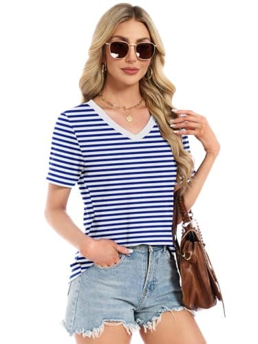 Womens Short Sleeve Tops T Shirts Summer T Shirts V Neck Blouses Plus Size Tunic Beach Vacation Boho Outfits, Blue/White Stripe M - Thumbnail 5