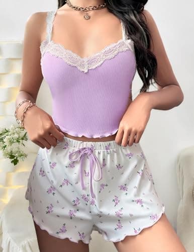 Girece Pajamas for Women Set Shorts Summer Lounge Sets Lingerie Sexy Sets Cute Pjs Floral Lace Trim Sleepwear Comfy Night Wear(Purple,XXL) - Thumbnail 5