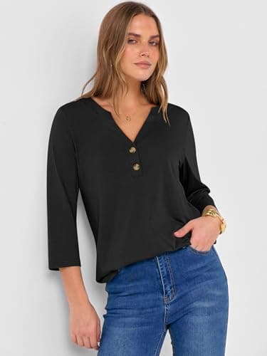 ANRABESS Women 3/4 Length Sleeve Henley Tops V Neck Business Casual Work T Shirts Cute Travel Shirt 2026 Spring Trendy Outfit Black XX-Large - Thumbnail 5