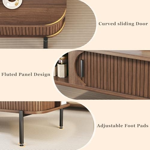 Coffee Table, 39.4" Mid Century Modern Coffee Tables for Living Room, Coffee Table with Storage Open Shelf, Fluted Table with Sliding Cabinet Door, 2-Tier Rustic Wood Desktop, Walnut - Thumbnail 5