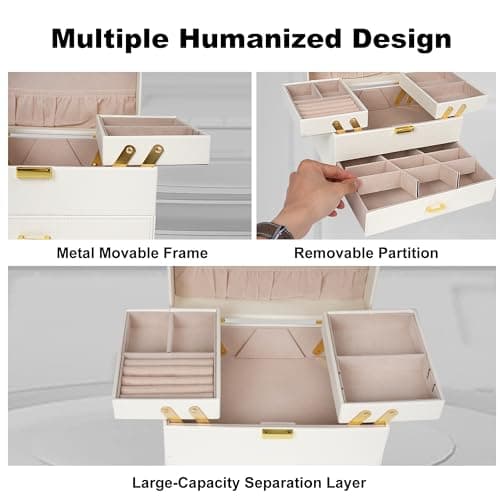 Dajasan Jewelry Box for Women, 3 Layers Large Jewelry Organizer Box, Jewelry Storage Case for Earring, Ring, Necklace, Bracelets (Cloud White + Gold) - Thumbnail 3