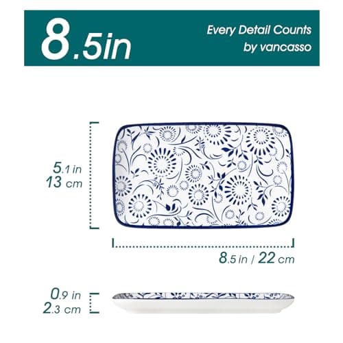vancasso Selene 8.5 Inch Rectangular Salad Plates Set of 6, Ceramic Salad Plates for Sushi, Dessert, Appetizer, Porcelain Platters for Kitchen Decor, Microwave & Oven Safe, Vintage Blue & White Color - Thumbnail 3