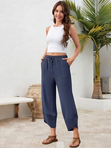 Jiflora Wide Leg Capri Pants for Women Linen Cropped Flowy Pants Elastic Waist with Pockets Boho Outfits Navy Blue L - Thumbnail 5