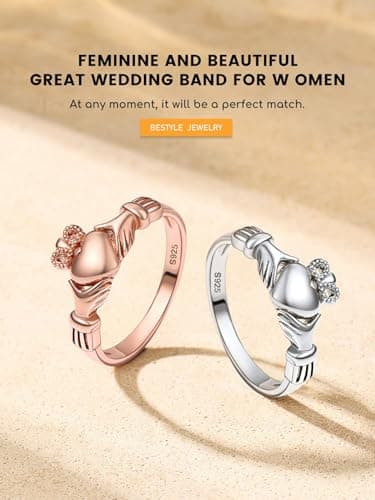 Bestyle Rose Gold Vermeil Silver Claddagh Rings for Women Sterlling Silver Band Ring Stacking Ring, Dianty Cute Simple Ring, Irish Celtic Love Ring Wedding Band for Couples, Size 8 - Thumbnail 6