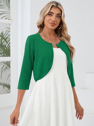 Heymoments Women's Thin Shrugs for Dresses Deep Forest X-Large Open Front 3/4 Sleeve Knit Lightweight Crop Cardigan Dressy Cropped Tops Coat Sweater Clothes - Thumbnail 3