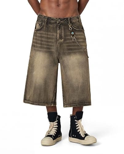 Vamtac Mens Baggy Jean Shorts Y2K Washed Long Denim Shorts Casual Loose Fit Streetwear Jorts, Brown, 32 - Image 1