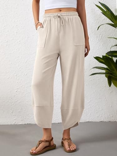 Jiflora Womens Cotton Linen Summer Palazzo Pants Drawstring Elastic Waist Trousers with Pockets Beach Pants Apricot XXL - Thumbnail 2