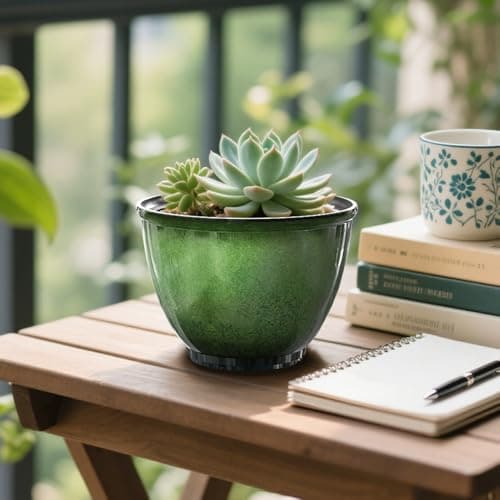 Vanslogreen 8 Inch Plastic Plant Pots, Set of 4 Flower Pots Planters with Drainage Hole, Glossy Smooth Finish Planter for Indoor Outdoor Succulent Snake Plants (Green) - Thumbnail 4