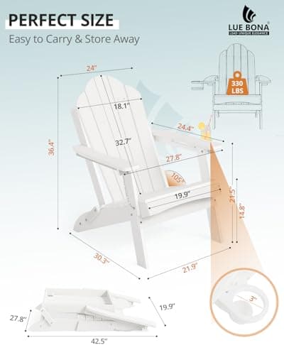 LUE BONA Folding Adirondack Chair, Chairs Set of 4, Cup Holder, Woodgrain, Fire Pit, Patio, Pool, White - Thumbnail 2