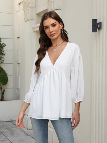 Aotasely Women's Flowy Peplum Babydoll Tops 3/4 Length Puff Sleeve Shirts Trendy Casual Loose Fit Blouse V Neck Outfits White - Thumbnail 5