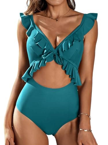 SOCIALA Womens Swimsuits Ruffled Cutout Modest Swimwear for Women Bathing Suits(Small,Green) - Image 1