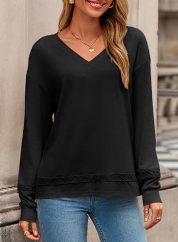 Dokotoo Boho Tops for Women Long Sleeve V Neck Blouses Black Shirts Dressy Casual Solid Embroidered Spring Shirts Plus Size Tops and Blouses Fashion Womens Clothes Large - Thumbnail 5