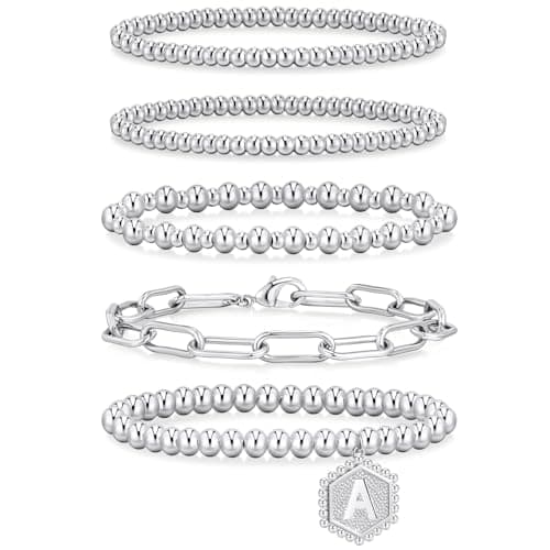 adoyi Silver Beaded Bracelets for Women, 14K Gold Plated Jewelry Bracelet Stack Dainty Initial Stackable Stretch Bead Ball Letter A Strand Bracelet Set Adjustable Gift for Women - Image 1