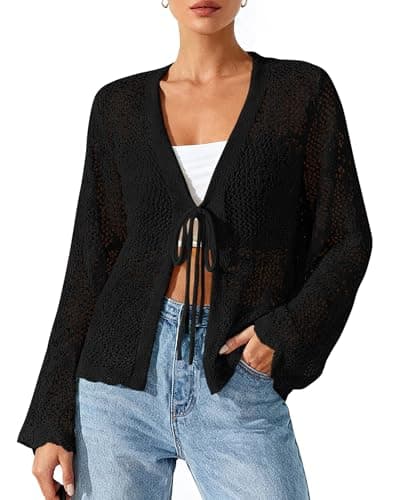 BTFBM Summer Cardigans for Women Lightweight 2026 Spring Crochet Mesh Long Sleeve Tie Front Knit Beach Vacation Outfits(Black, Medium) - Image 1