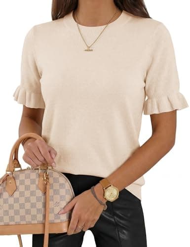 LaGracia Womens Summer Tops Cute Puff Short Sleeve Sweater Spring Outfits Fashion Crewneck Business Causal Work Clothes Fashion 2026 Beige M - Image 1