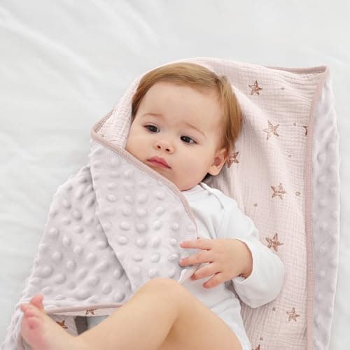 Susurration Baby Blanket for Unisex Boys Girls, Soft Nursery Minky Blanket with Muslin Cotton Front and Dotted Fleece Back, Receiving Blanket for Baby Newborn Infant, 30x40inch (Pink Star) - Thumbnail 5