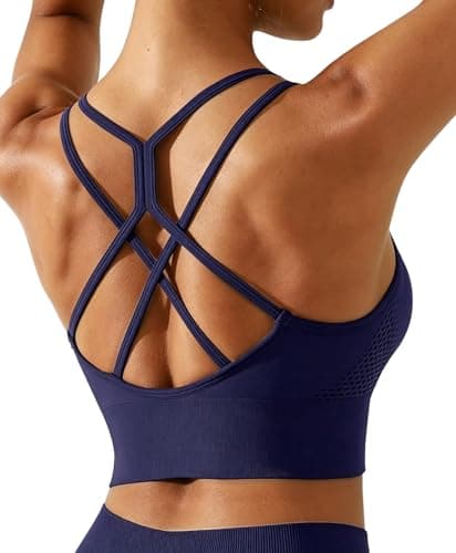 BRXL Womens Sports Bras Low Impact Strappy Sports Bra Longline Padded Sports Bras Blue Yoga Workout Sports Bra Blue M - Image 1