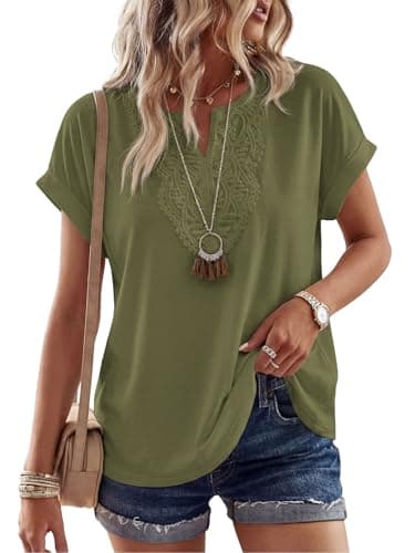 PRETTYGARDEN Womens Summer Tops Casual Short Sleeve V Neck Shirts for Women Loose Fit Going Out Top Boho Vacation Clothes (Army Green, Large) - Image 1