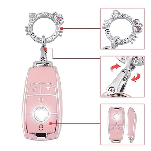 Pangpai Pink Key Fob Cover for Mercedes Benz, Soft TPU Key Case Protection with Bling Keychain Fit for A-Class C-Class G-Class 2017-2020 E-Class S-Class - Thumbnail 4