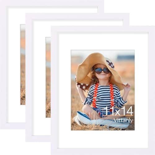 Vittanly 11x14 Picture Frame Set of 3, Display Pictures 8x10 with Mat or 11x14 without Mat for Wall Mounting, Photo Frames for Home Decor, Engineered Wood, White - Image 1