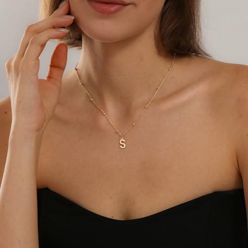 KISSCLOUD Initial Necklaces for Women 14K Gold Plated Dainty Letter Charm Necklace Personalized Name Pendant Bead Chain S Necklace Non Tarnish Trendy Jewelry Gift - Thumbnail 3
