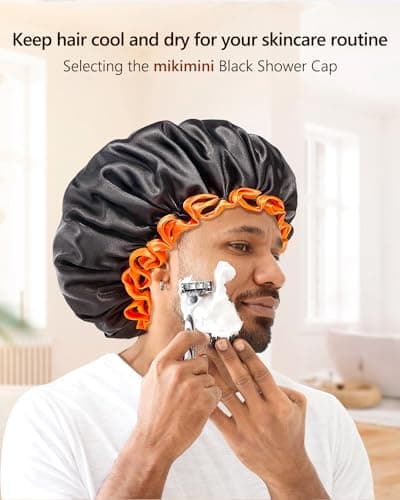 mikimini Large Shower Cap for Women Long Hair, Black, Reusable Waterproof Double Layers XL Washable Colorfast Odorless High-Quality Shower Cap for Men with Vibrant Orange Edge - Thumbnail 4